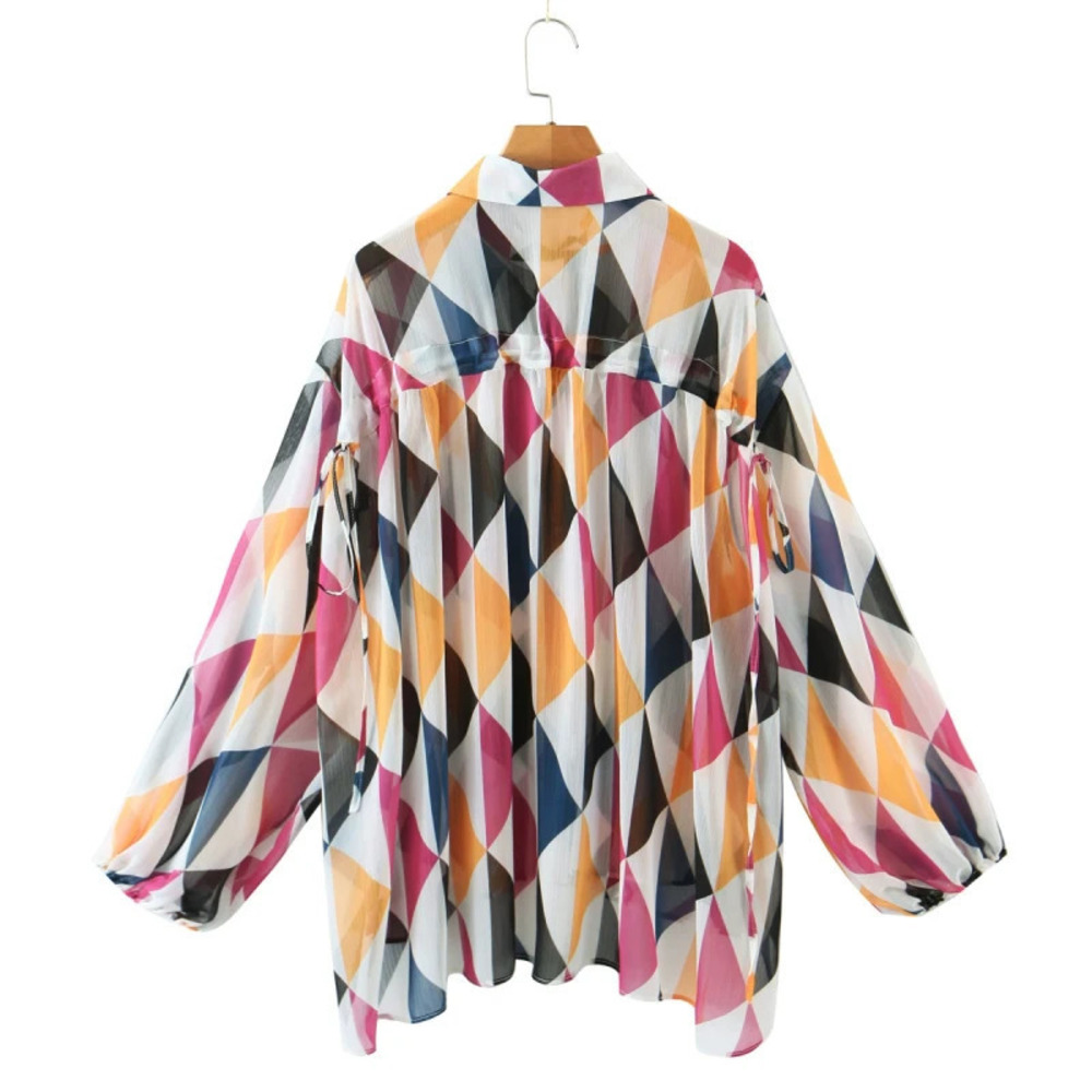 Spring Geometric Print Loose Shirred Blouse